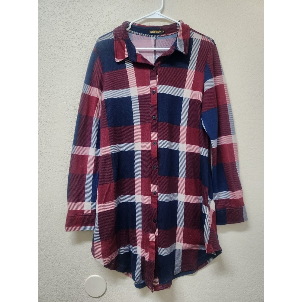 REBORN Womens Plaid Tunic Shirt XL Burgundy Navy Blue Back Button Fall Blouse